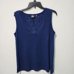Rafaella Women's Blue Sleeveless Blue Long Soft Tank Top with Lace Trim-Large
